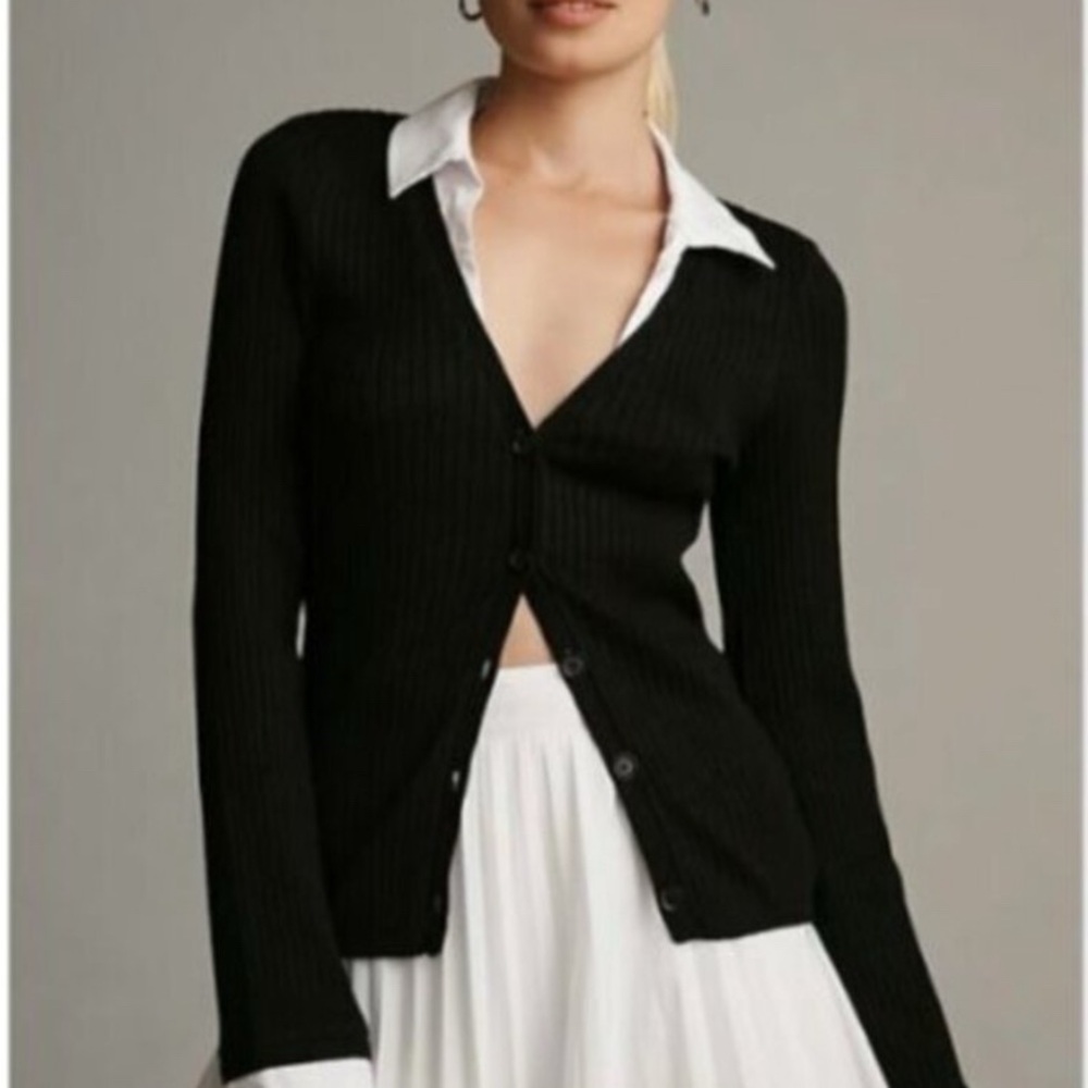 Maeve Anthropologie black ribbed button cardigan with white sleeve blouse